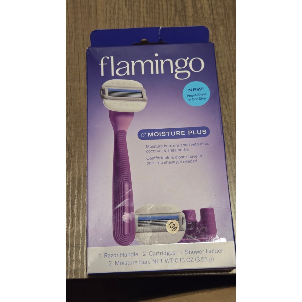 Flamingo Moisture Plus Razor Set Purple Handle 2 Cartridges Shower Holder NEW